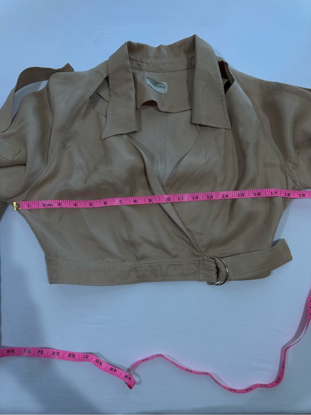 NOCTURNE Beige Cropped Wrap Jacket Linen Blend Open Shoulder Belted Size 2 - Picture 14 of 15